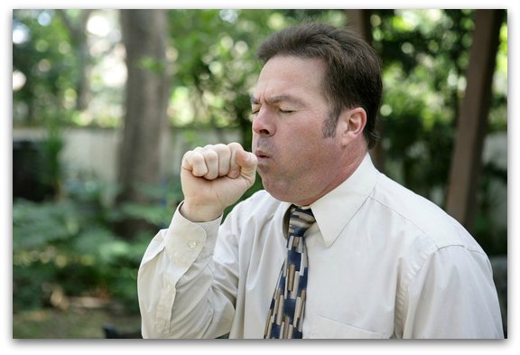 A middle aged man with a severe cough.